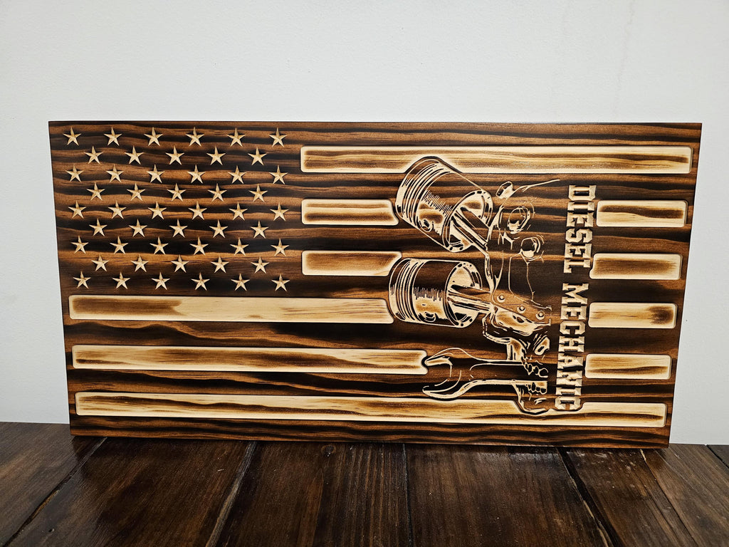 Wooden Diesel Mechanic Flag Sign USA