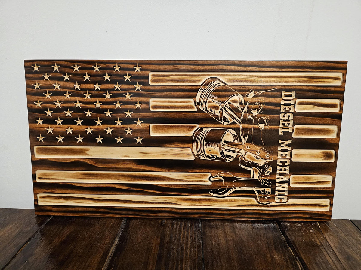 Wooden Diesel Mechanic Flag Sign USA