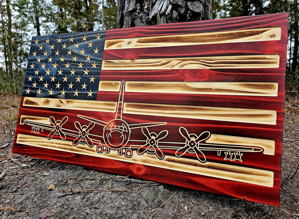 Wooden Lockheed P-3 Orion Plane Flag Sign USA