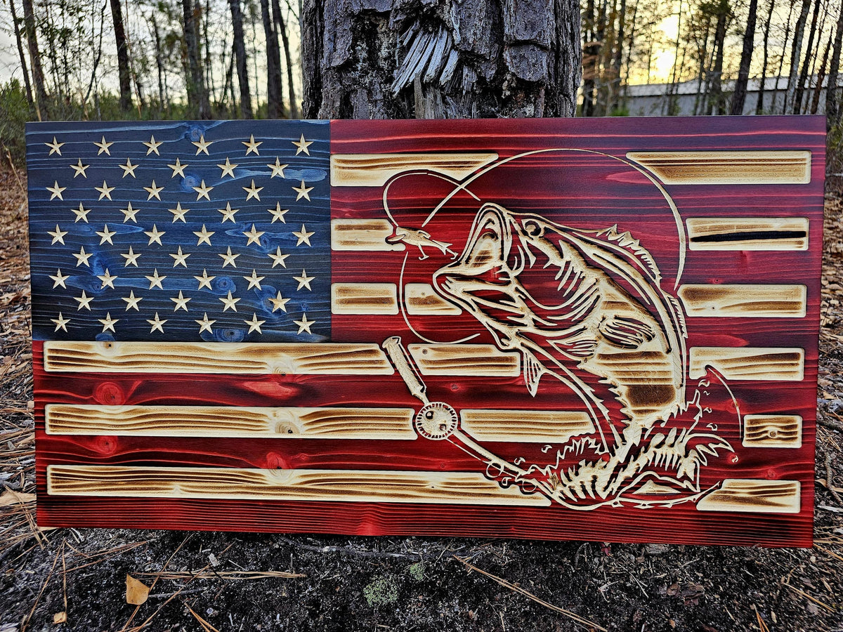 Wooden Bass Fishing Flag Sign USA