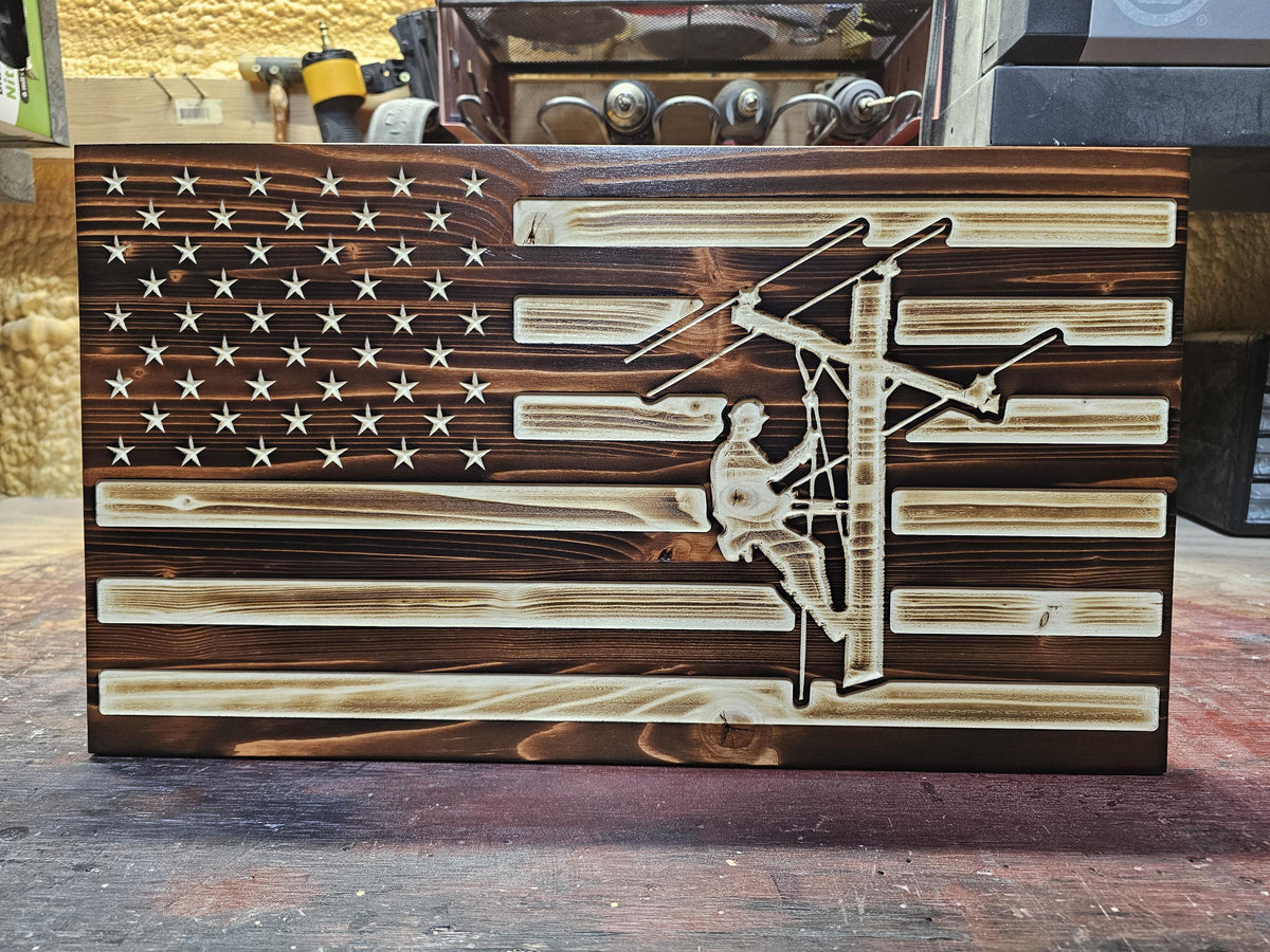 Wooden Lineman Flag Sign USA