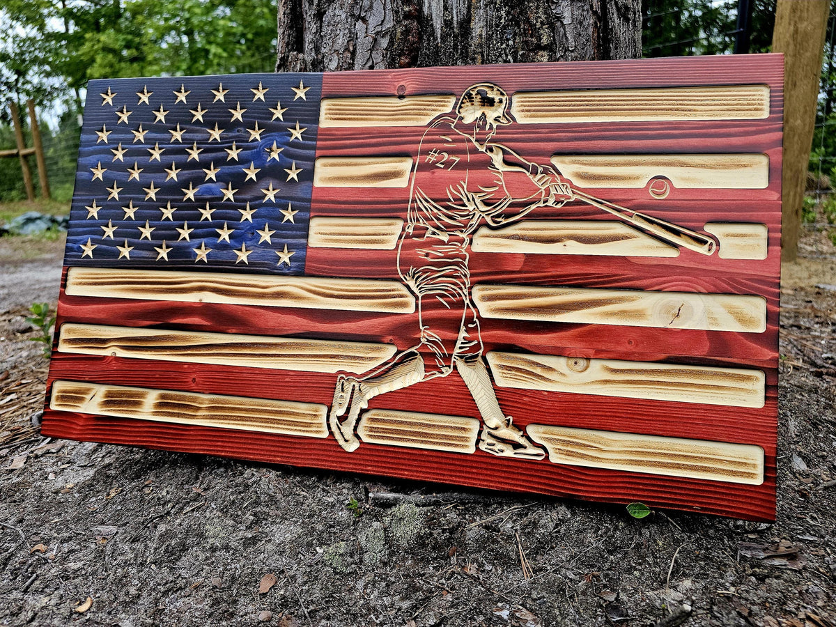 Wooden Baseball Player Flag Sign USA
