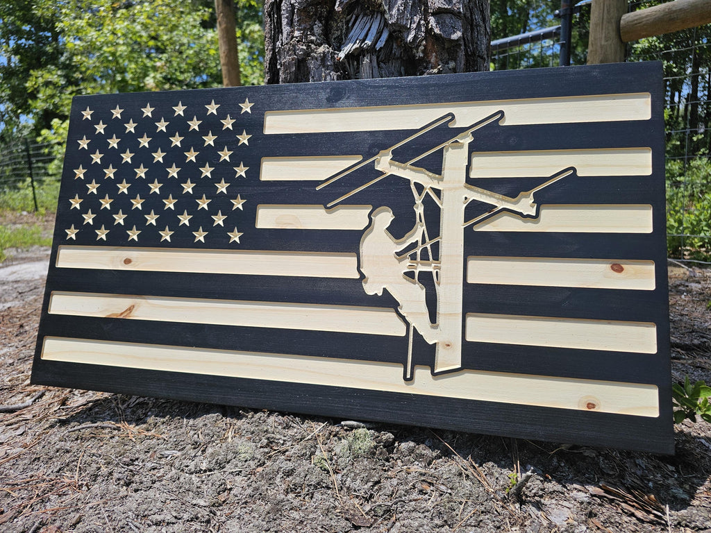 Wooden Lineman Flag Sign USA