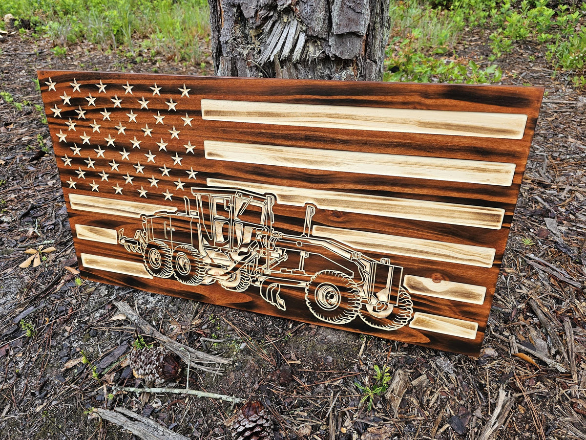Wooden Motor Grader Flag Sign USA