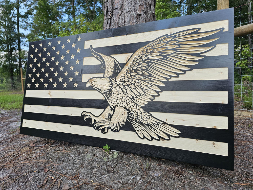 Wooden Bald Eagle Flag Sign USA