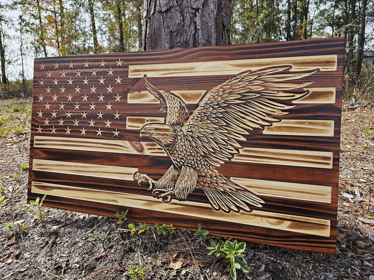 Wooden Bald Eagle Flag Sign USA