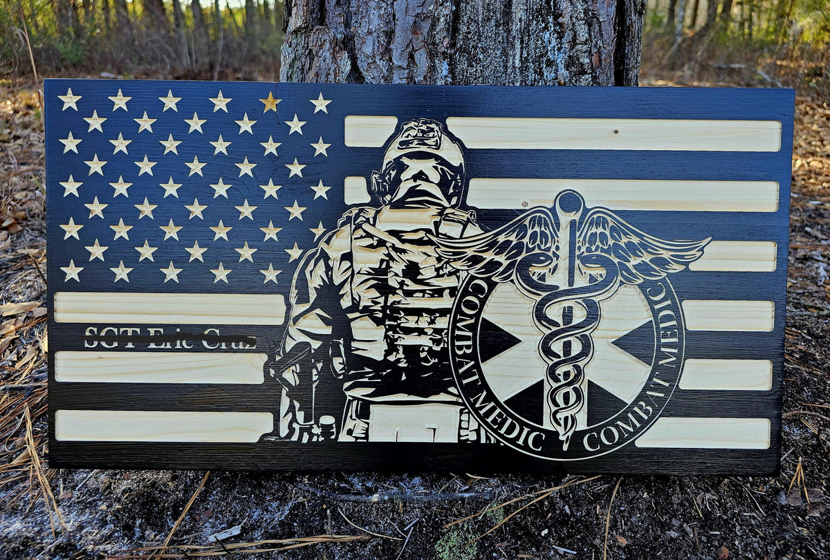 Wooden Combat Medic Soldier American Flag Sign USA