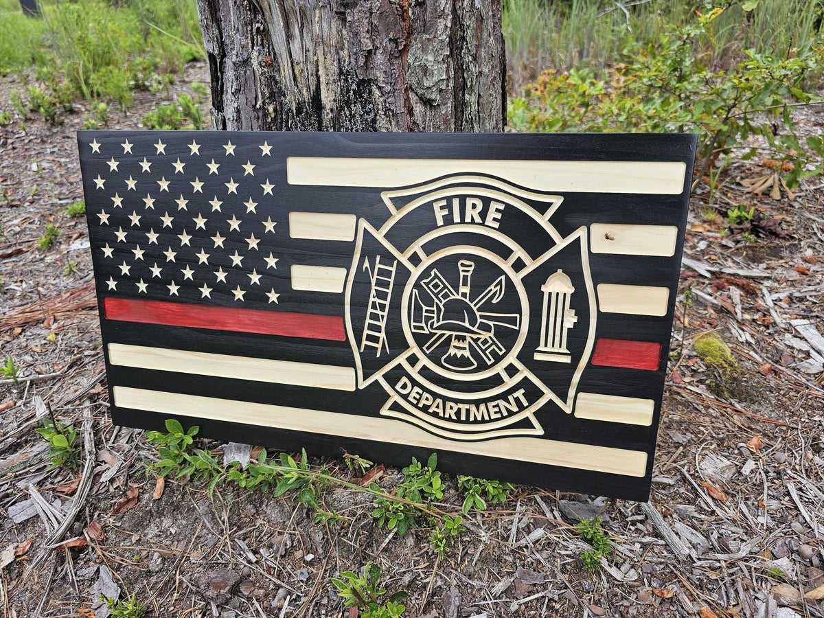 Wooden Fire Department Red Line Flag Sign USA