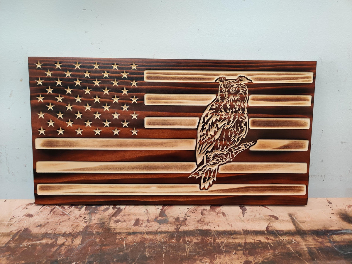 Wooden Owl Flag Sign USA