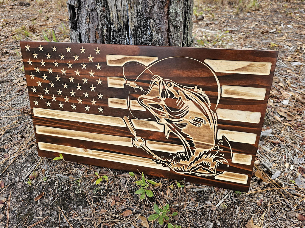 Wooden Bass Fishing Flag Sign USA