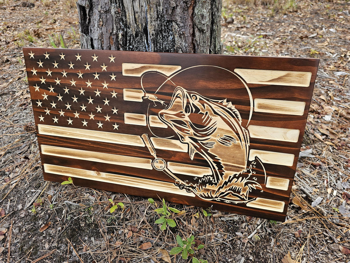 Wooden Bass Fishing Flag Sign USA