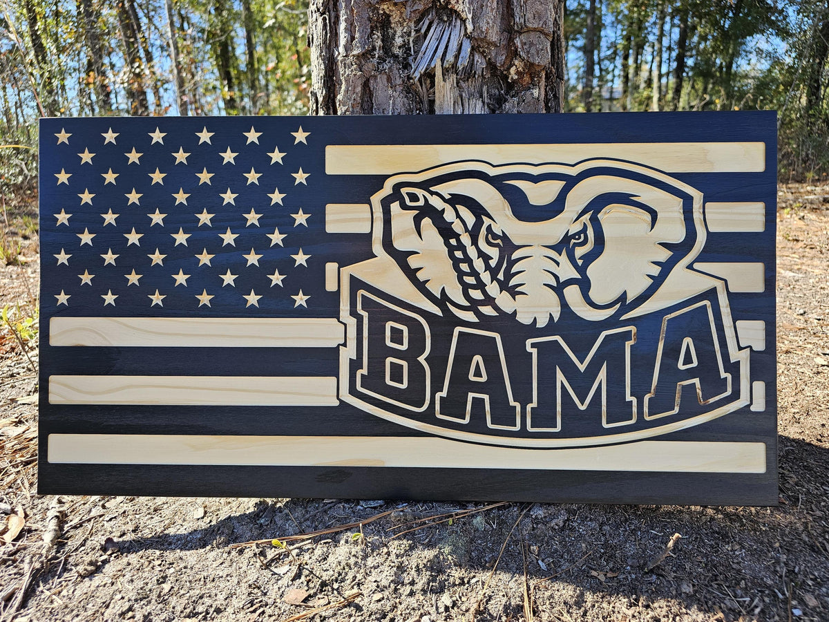 Wooden Alabama Roll Tide American Flag Sign USA