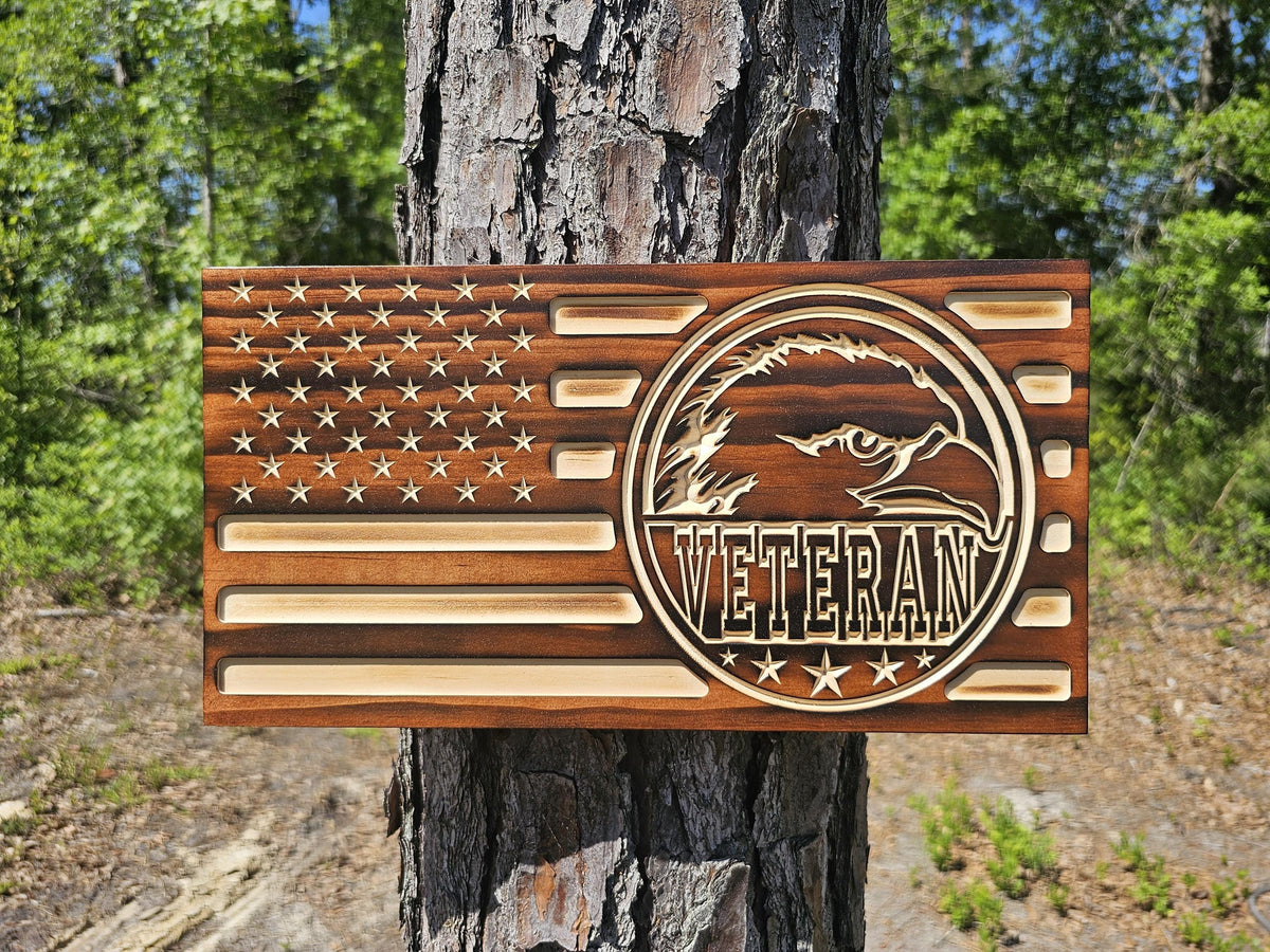 Wooden Veteran Eagle American Flag Sign USA