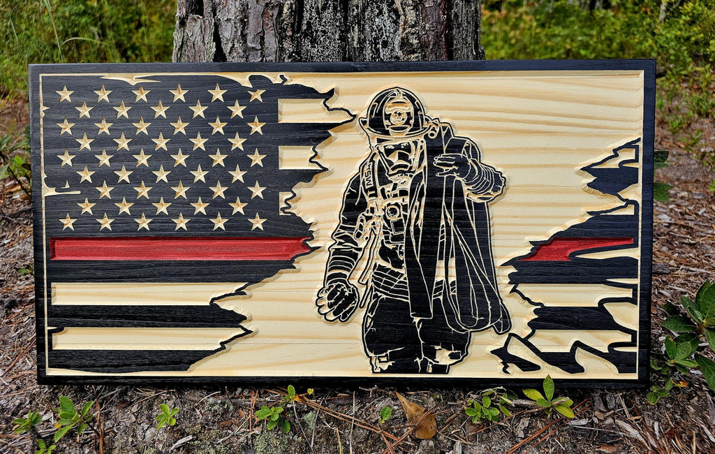 Wooden Firefighter American Flag Sign USA