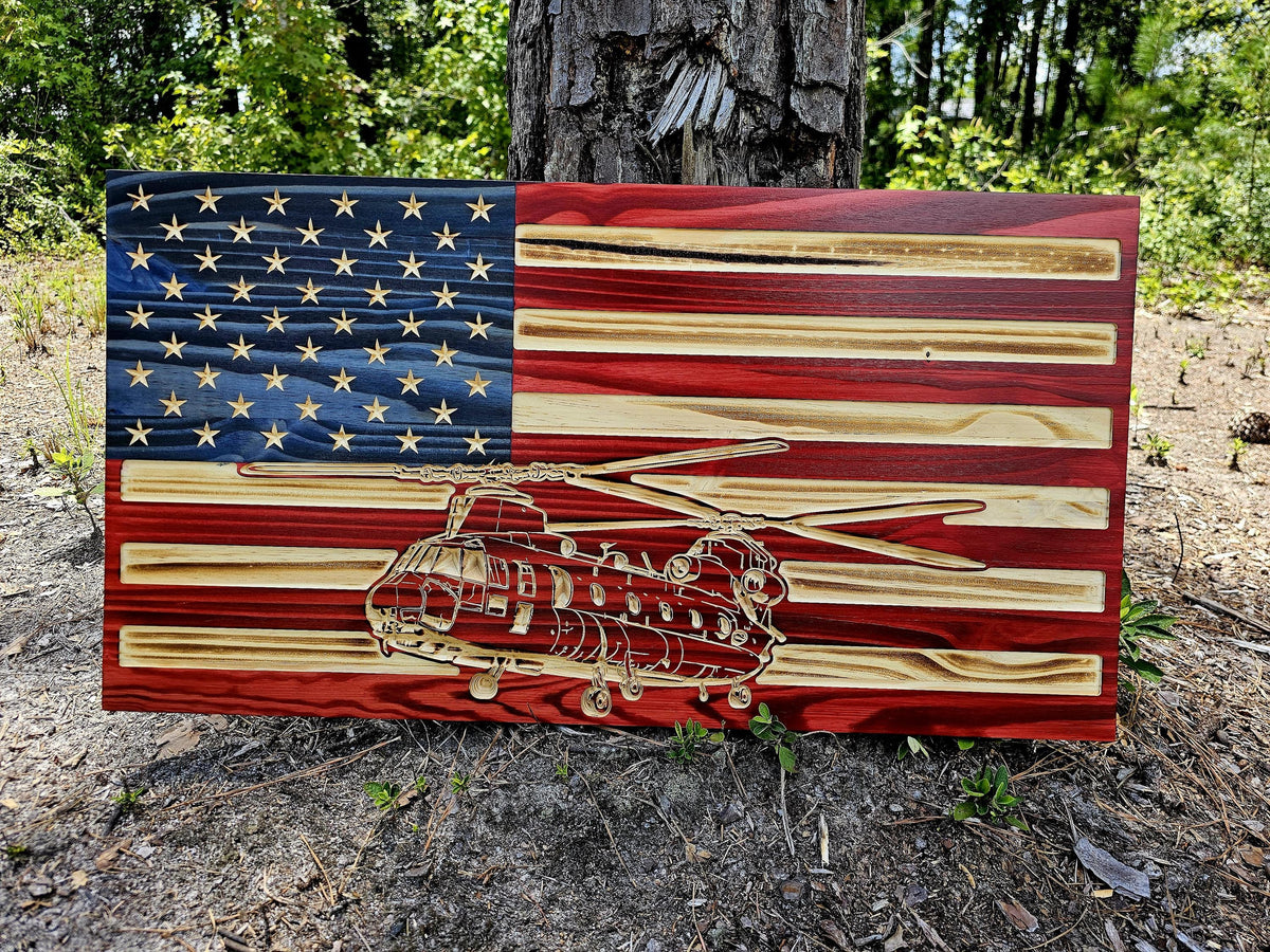 Wooden CH-47 Chinook Helicopter Flag Sign USA
