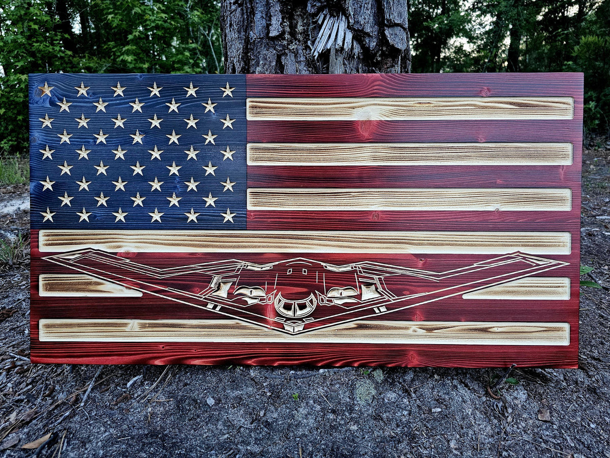 Wooden B2 Stealth Bomber Plane Flag Sign USA