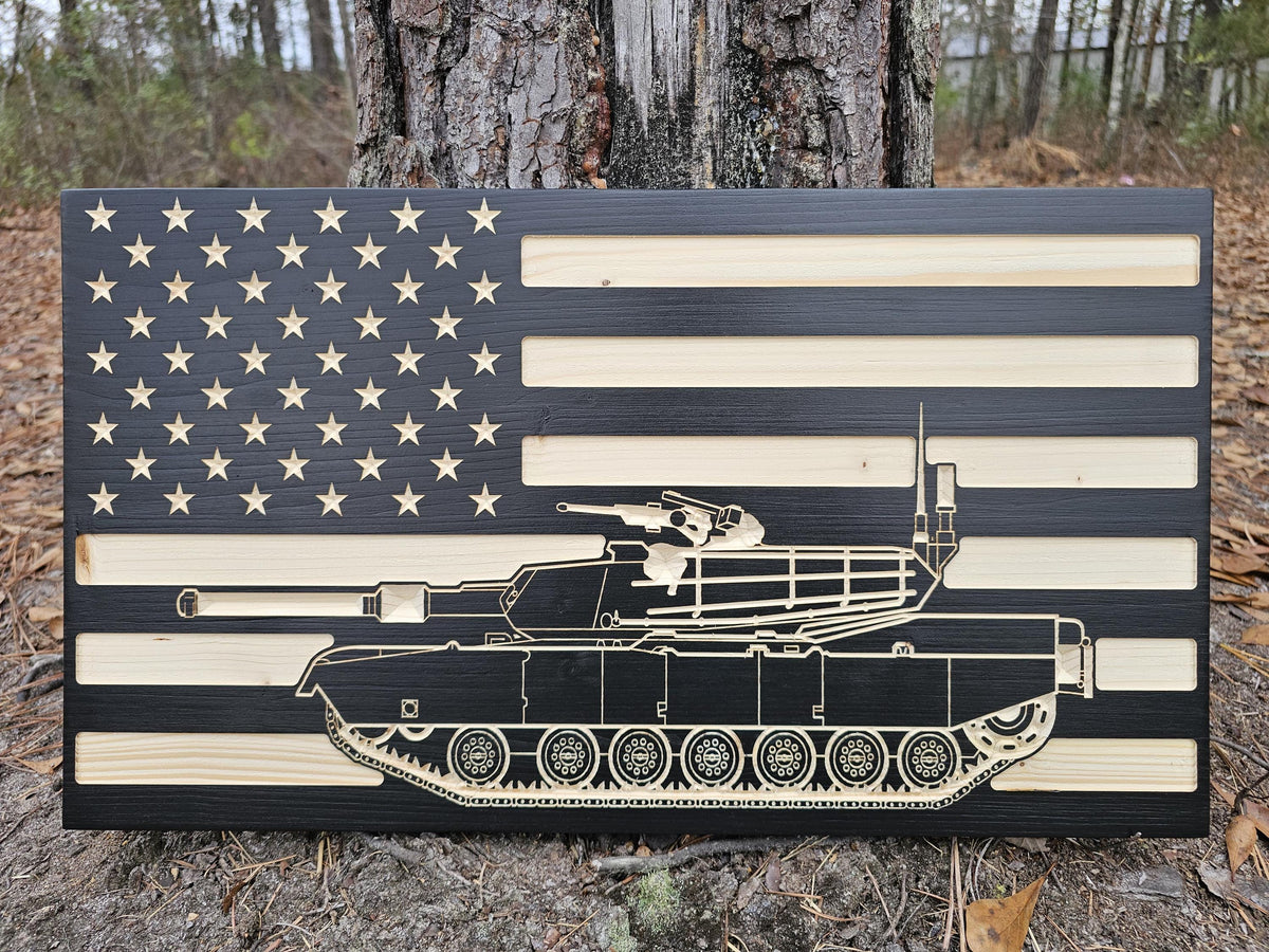 Wooden Abrams Tank American Flag Sign USA