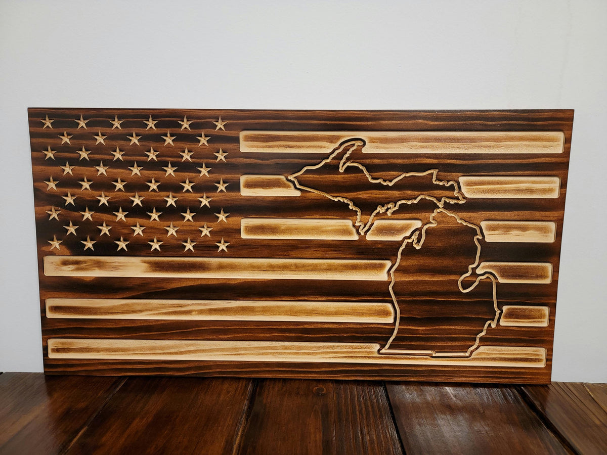Wooden Michigan State Outline Flag Sign USA