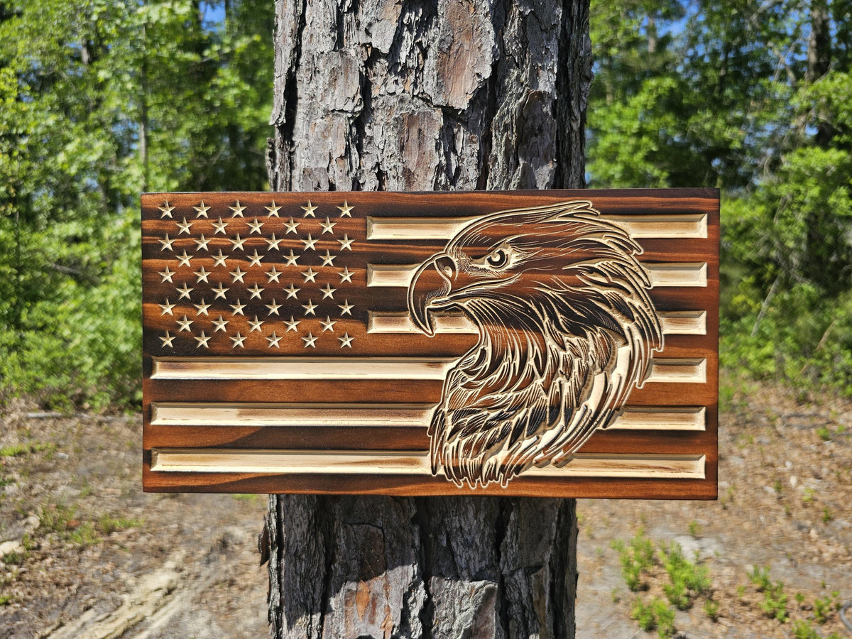 Wooden Bald Eagle Head American Flag Sign USA