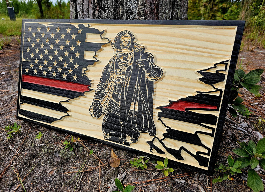 Wooden Firefighter American Flag Sign USA
