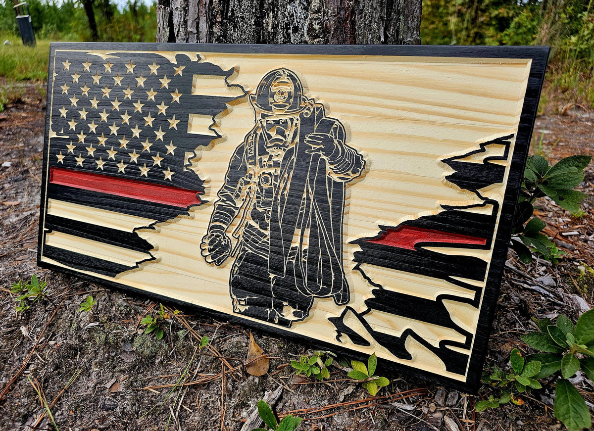 Wooden Firefighter American Flag Sign USA
