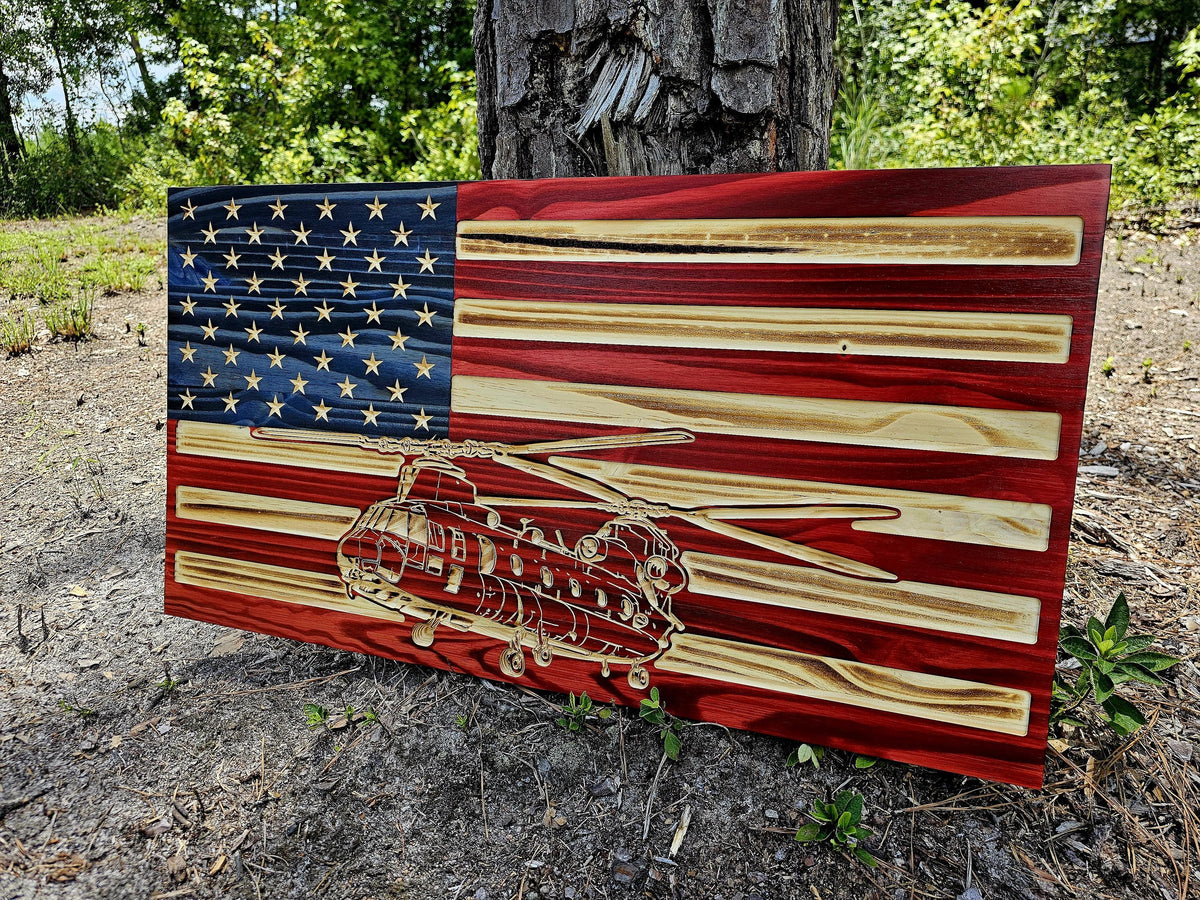 Wooden CH-47 Chinook Helicopter Flag Sign USA