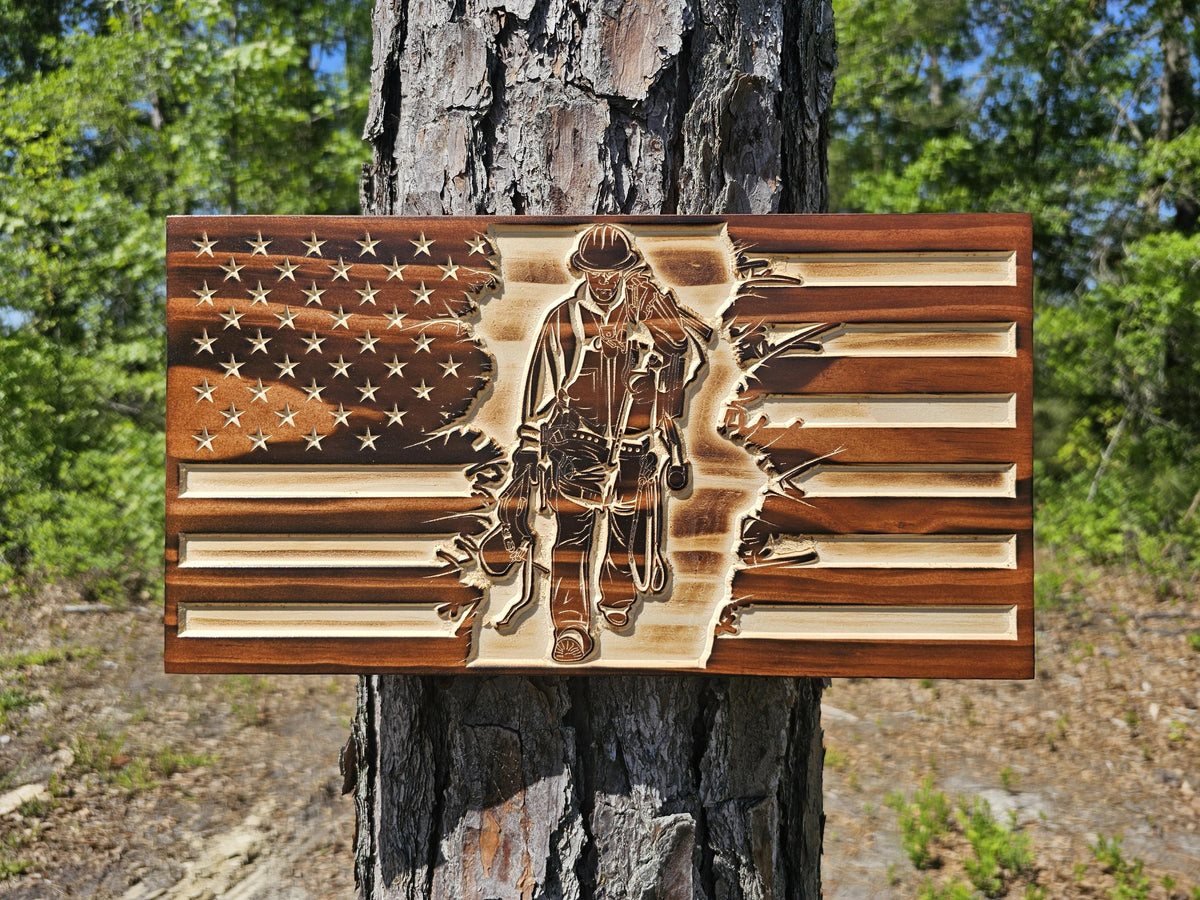 Wooden Lineman Tattered Flag Sign USA