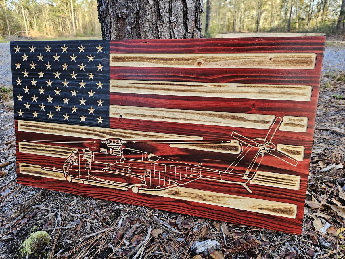 Wooden Sikorsky CH-53e Helicopter Flag Sign USA