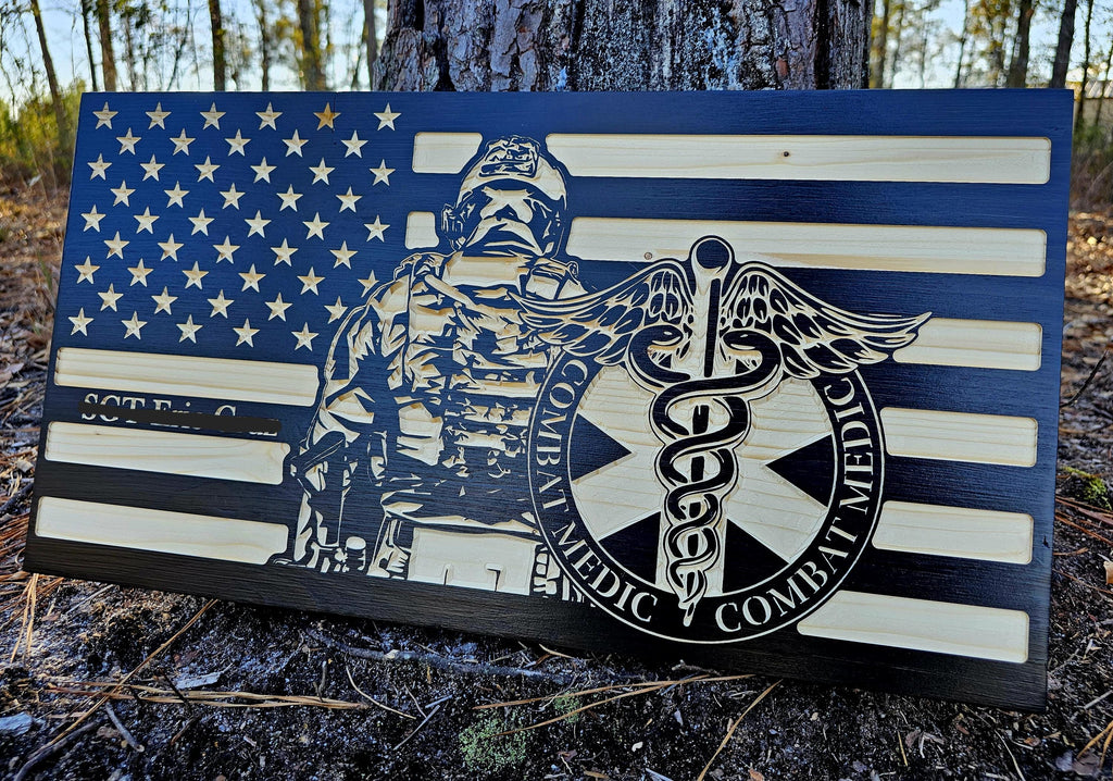 Wooden Combat Medic Soldier American Flag Sign USA