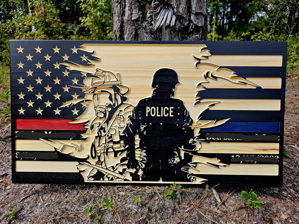 Wooden Police Firefighter Flag Sign USA