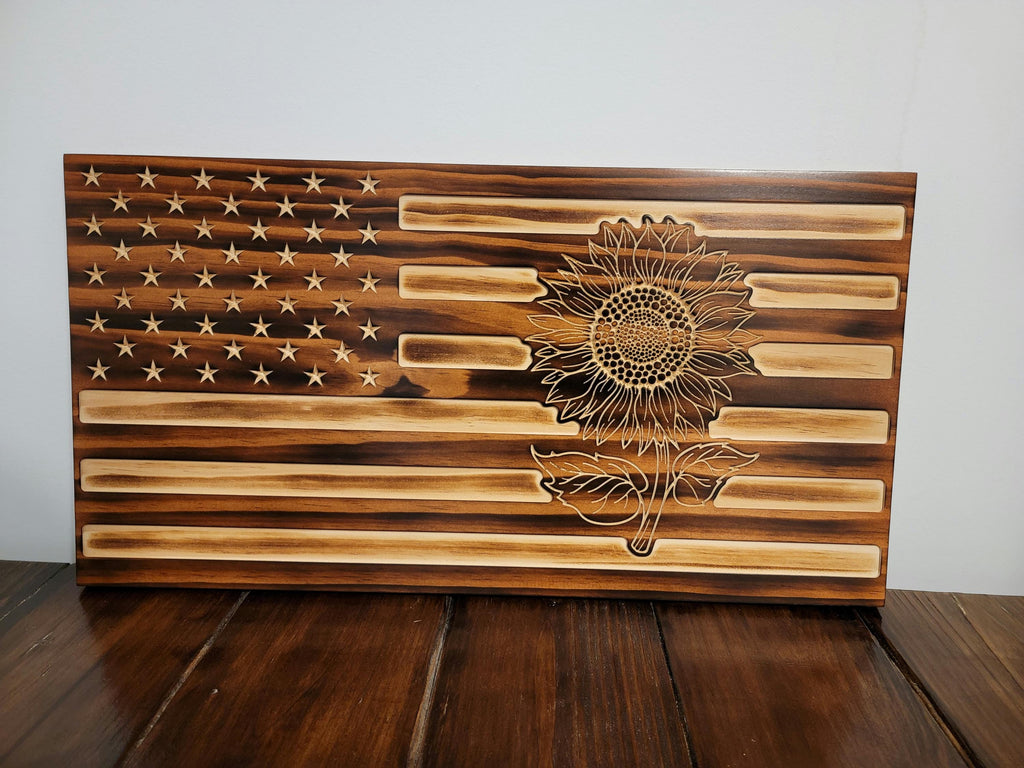 Wooden Sunflower Flag Sign USA