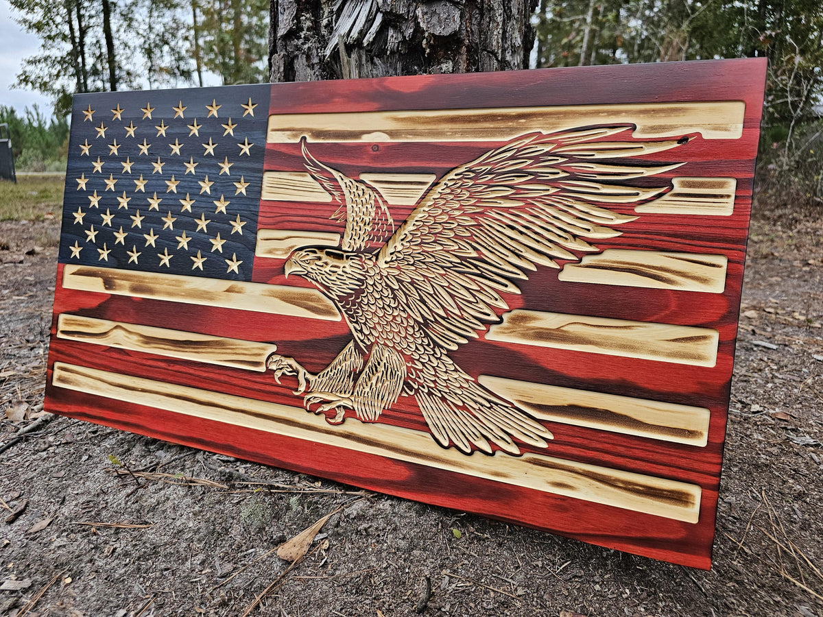 Wooden Bald Eagle Flag Sign USA