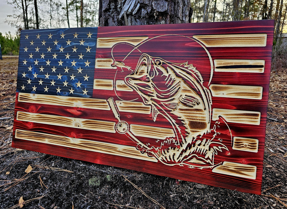 Wooden Bass Fishing Flag Sign USA