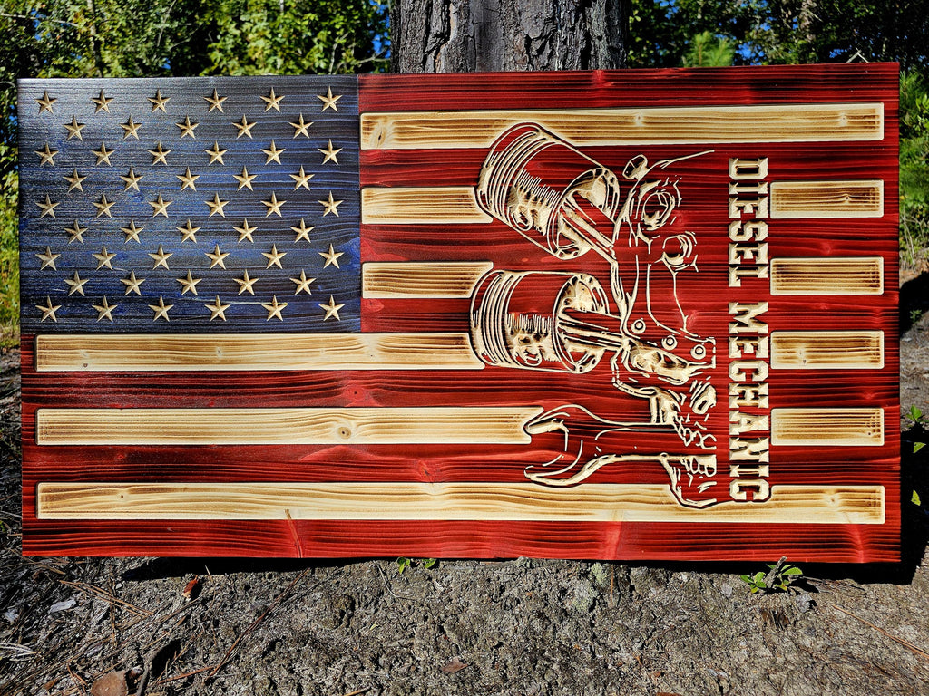 Wooden Diesel Mechanic Flag Sign USA