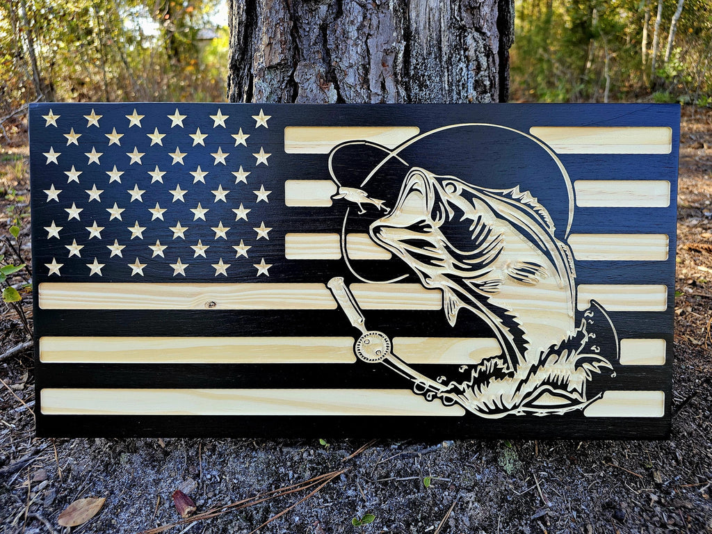 Wooden Bass Fishing Flag Sign USA