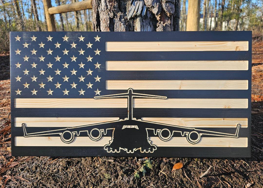 Wooden Air Force C17 Plane Flag Sign USA