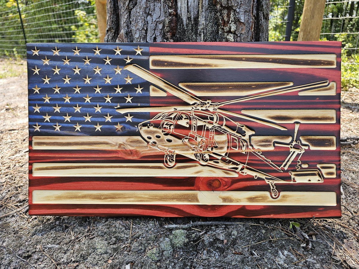 Wooden Blackhawk Helicopter Flag Sign USA