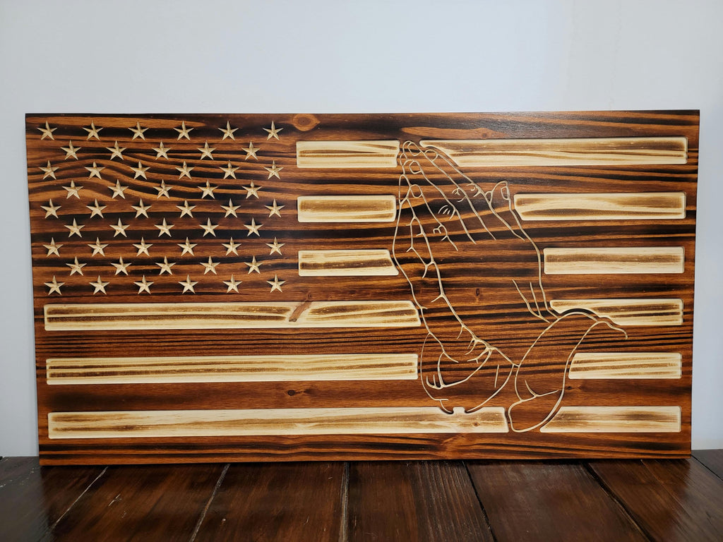 Wooden Praying Hands Flag Sign USA
