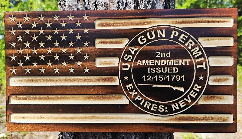 Wooden 2nd Amendment Gun Permit American Flag Sign USA
