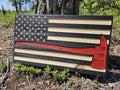 Wooden Firefighter Red Axe Flag Sign USA