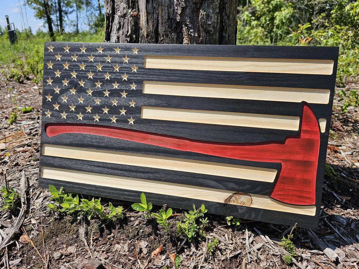 Wooden Firefighter Red Axe Flag Sign USA