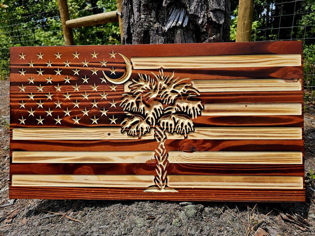 Wooden Palmetto Tree And Moon SC American Flag Sign USA
