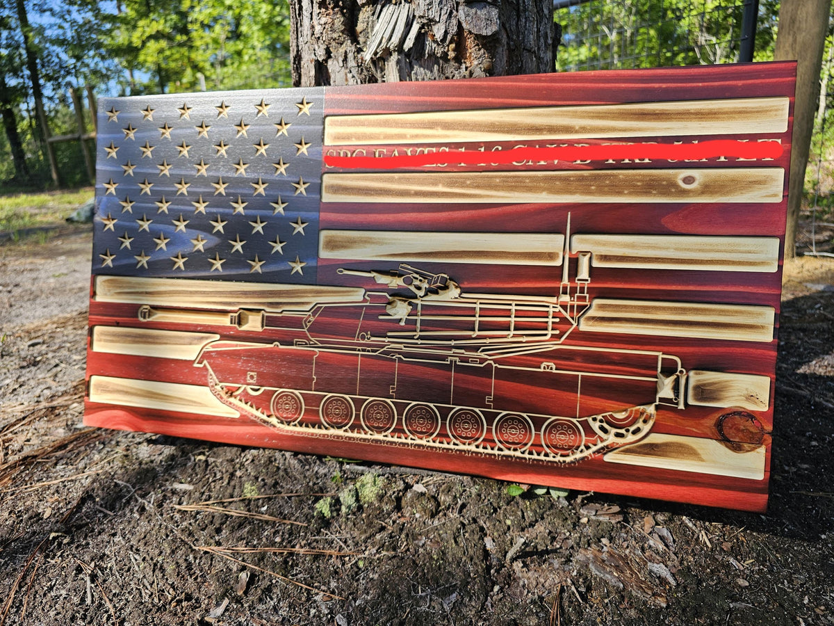 Wooden Abrams Tank American Flag Sign USA