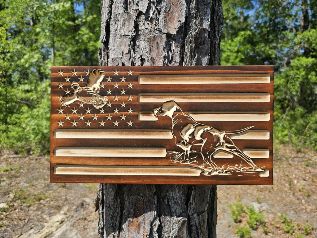 Wooden Pointer and Quail Hunting Dog American Flag Sign USA