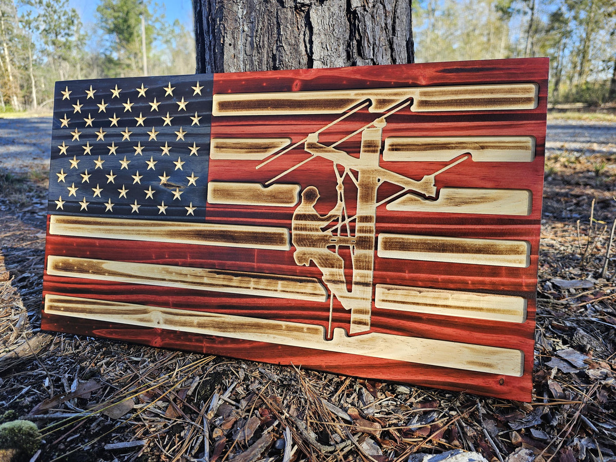 Wooden Lineman Flag Sign USA