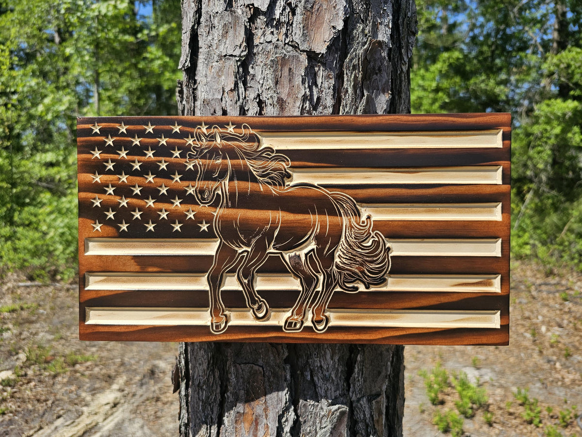 Wooden Running Horse Flag Sign USA