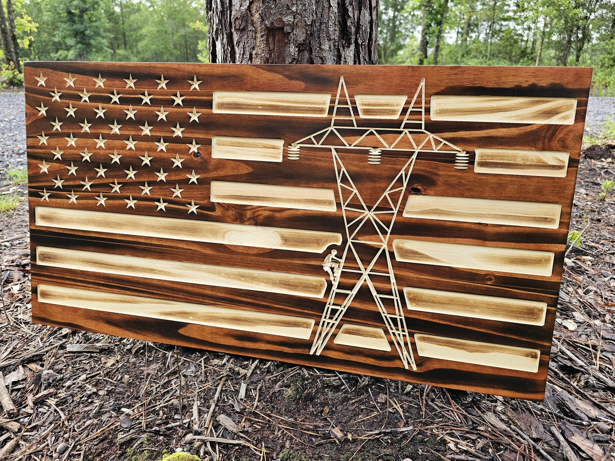 Wooden Lineman Powerline Flag Sign USA