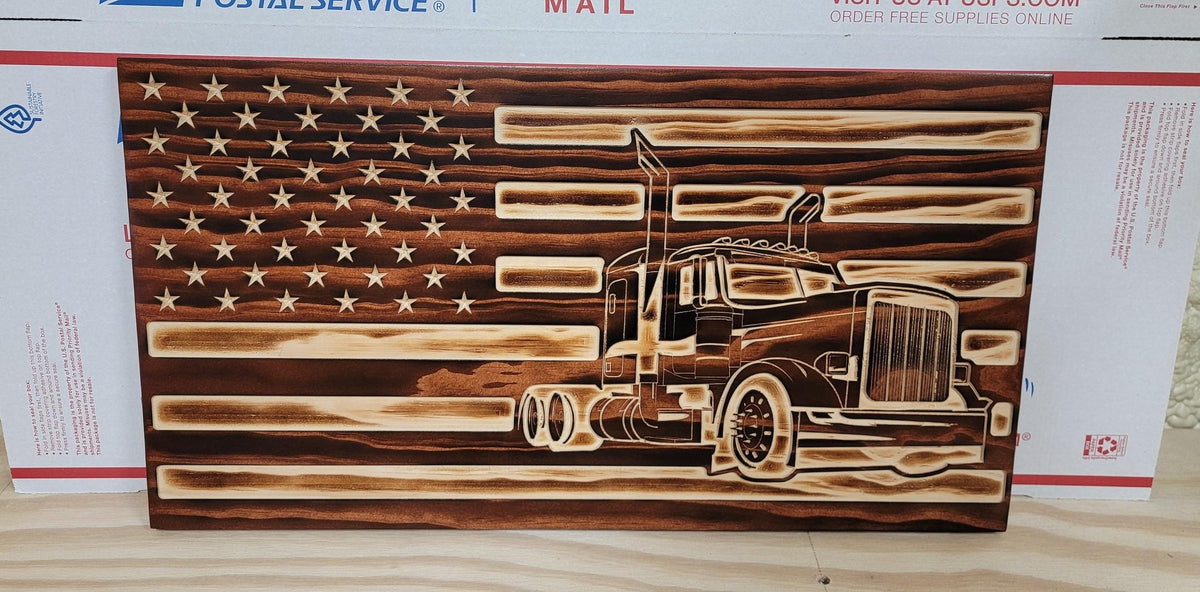 Wooden Semi Truck Flag Sign USA