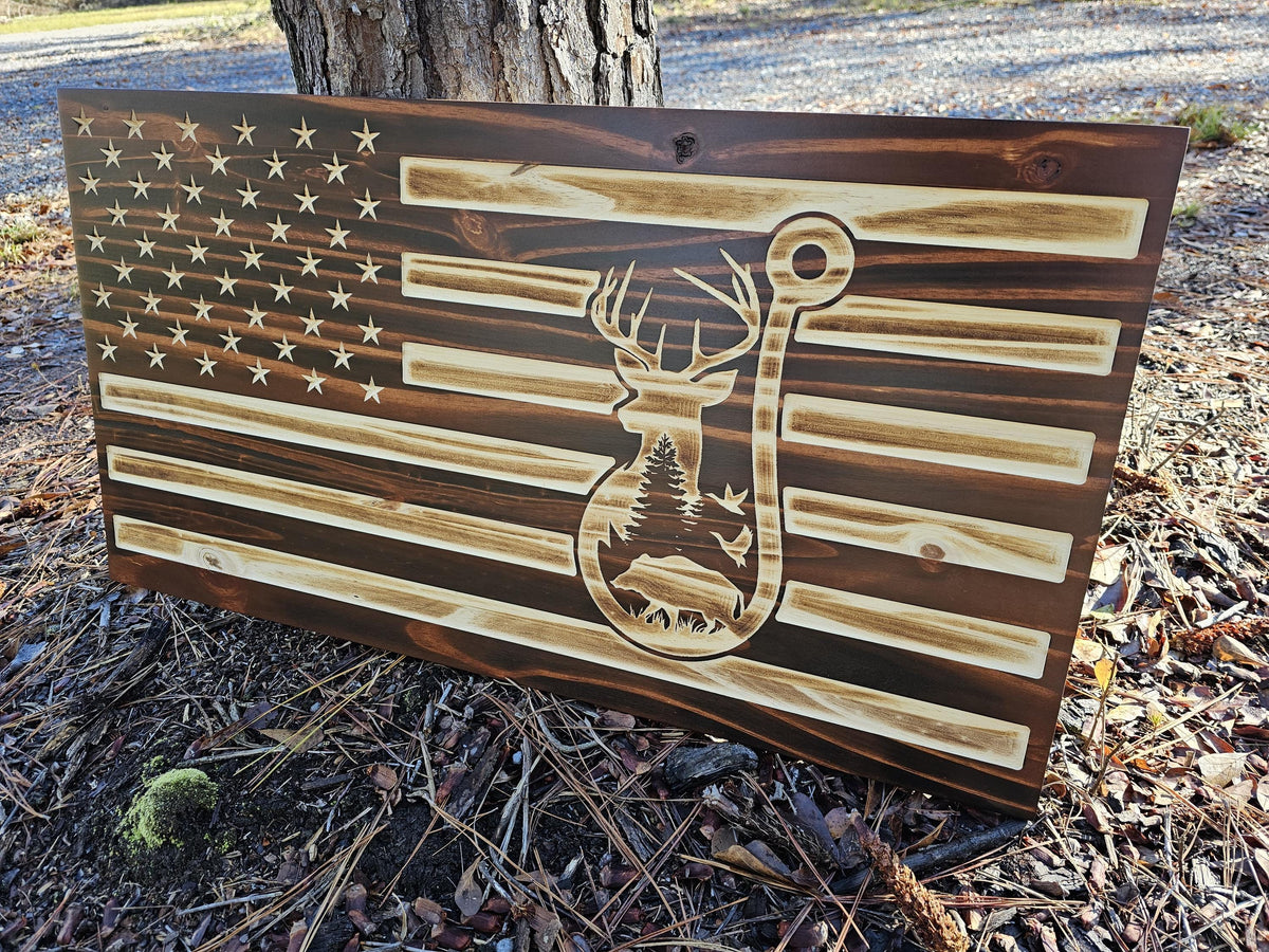 Wooden Deer Hook Hunting Fishing Flag Sign USA