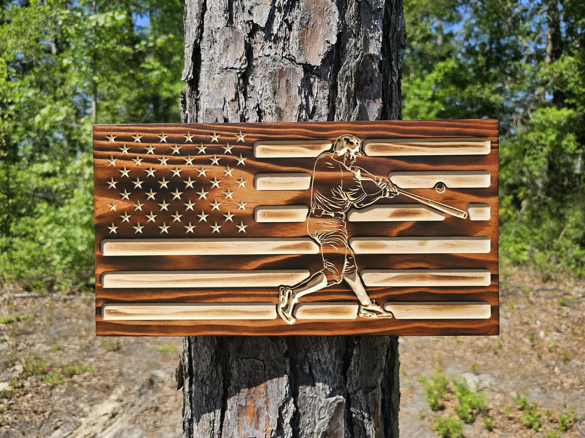 Wooden Baseball Player Flag Sign USA